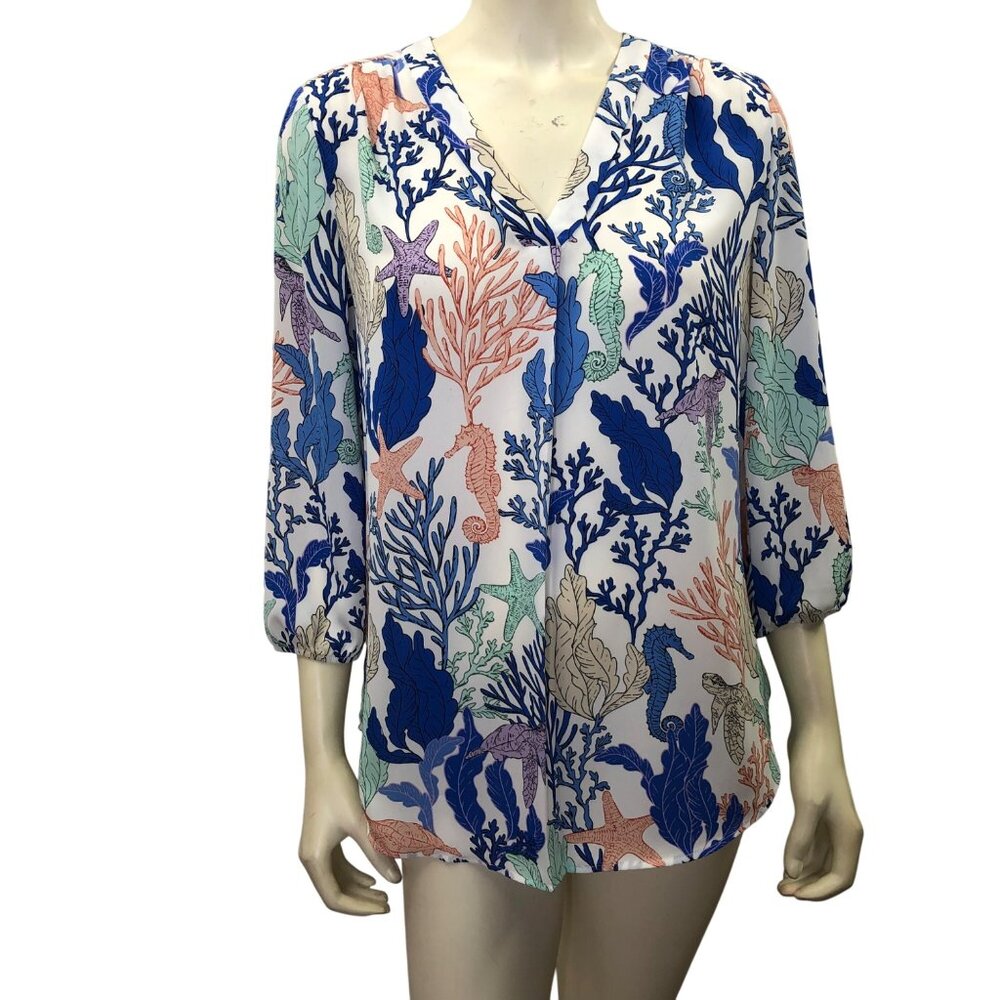 Jones New York Womens Coral Reef Print‎ Blouse With V-Neck & 3/4 Sleeves sm NWT